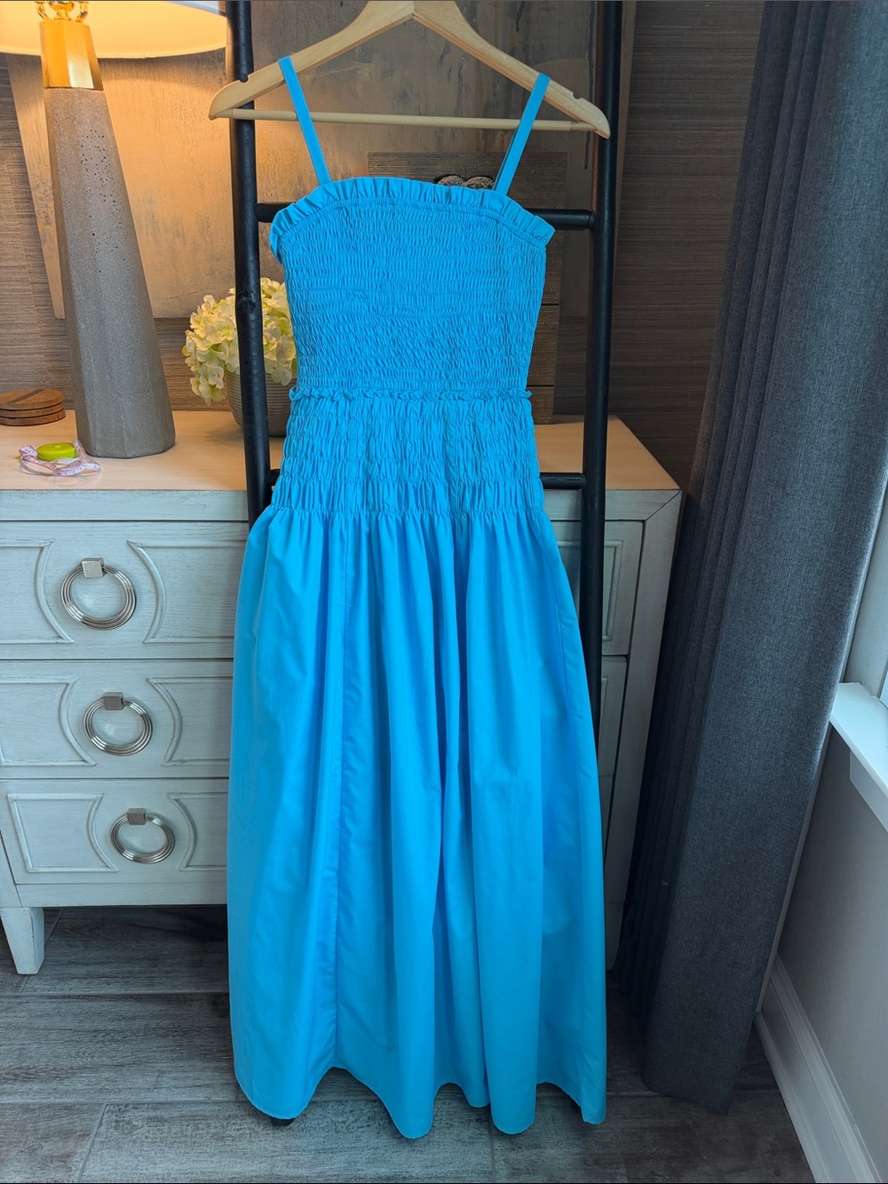 Blue Smocked Bodice Maxi Dress
